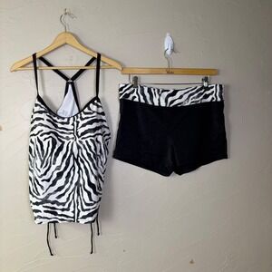 South Point Tankini Swimsuit Set Women 18W Zebra Print Tankini Top‎ Shorts Black